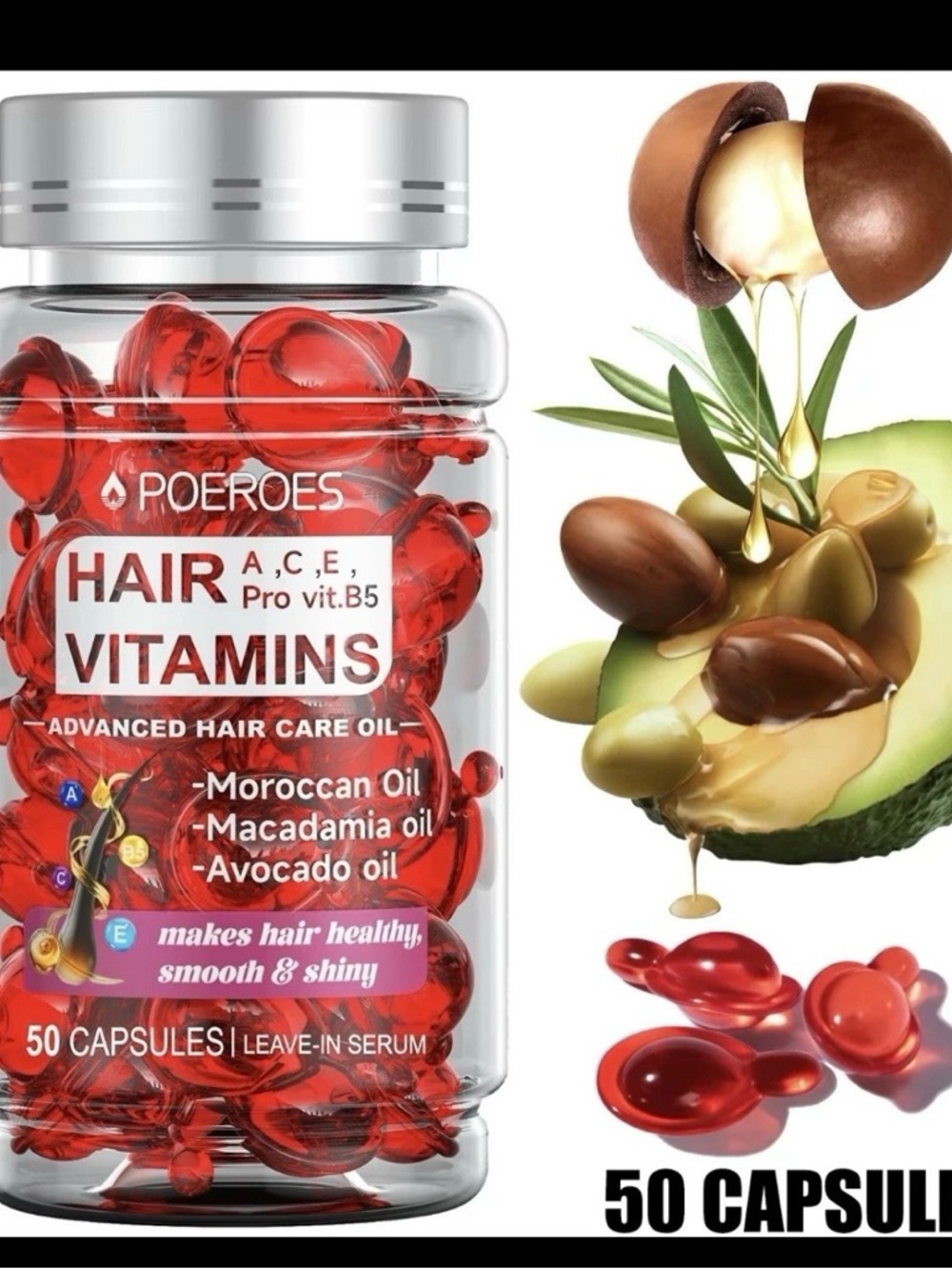 POEROES Hair Oil 50 Capsules - Vitamins A C A Pro Vit B5